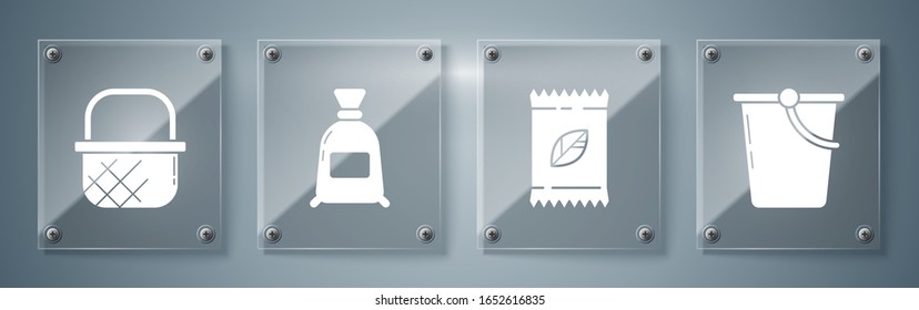 Set Bucket, un paquete lleno de semillas de una planta específica, Bolsa de harina y cesta de compras. Paneles de vidrio cuadrado. Vector