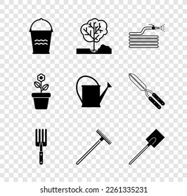 Set Bucket, Planting tree in the ground, Garden hose or fire hose, fork, rake, shovel, Flower pot and Watering can icon. Vector