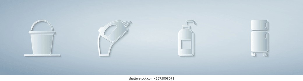 Set Bucket, Portable vacuum cleaner, Antibacterial soap and Refrigerator. Paper art style. Vector