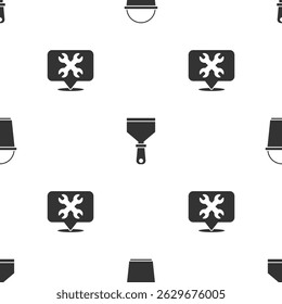 Set Bucket, Putty knife and Location with wrench on seamless pattern. Vector