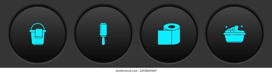 Set Bucket with rag, Adhesive roller, Toilet paper and Plastic basin soap suds icon. Vector