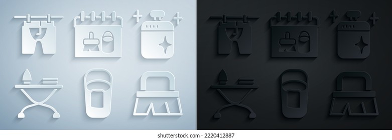 Set Bucket with rag, Clean cooking pot, Iron and ironing board, Brush for cleaning, Cleaning calendar and Drying clothes icon. Vector