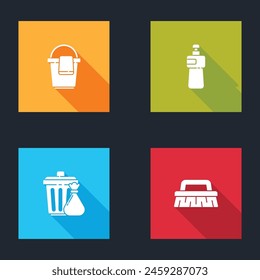 Set Bucket with rag, Dishwashing liquid bottle, Trash can and garbage bag and Brush for cleaning icon. Vector