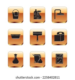 Set Bucket with rag, Garbage bag, Trash can and garbage, Rubber cleaner for windows, Plastic basin, Shower head, Cleaning service and Bottles cleaning agent icon. Vector
