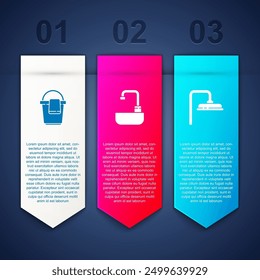 Set Bucket with rag, Washbasin water tap and Shower head. Business infographic template. Vector