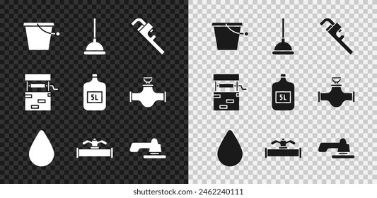 Set Bucket, Rubber plunger, Pipe adjustable wrench, Water drop, Industry pipe and valve, tap, Well and Big bottle with clean water icon. Vector