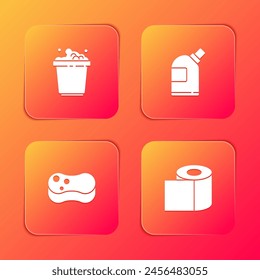 Set Bucket with soap suds, Bottles for cleaning agent, Sponge and Toilet paper roll icon. Vector