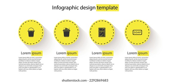 Set Bucket, con suds de jabón, servicio de limpieza para ventanas y Bar de. Plantilla de infografía empresarial. Vector