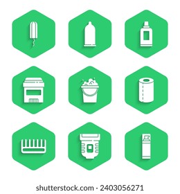 Set Bucket with soap suds, Epilator, Shaving gel foam, Paper towel roll, Hairbrush, Antiperspirant deodorant, Bottle for cleaning agent and Sanitary tampon icon. Vector