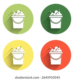 Set Bucket with soap suds icon isolated with long shadow background. Bowl with water. Washing clothes, cleaning equipment. Color circle button. Vector