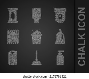 Set Bucket with soap suds, Rubber plunger, Bottle of shampoo, for cleaning agent, Paper towel roll, Condom package safe sex, Epilator and Wet wipe icon. Vector