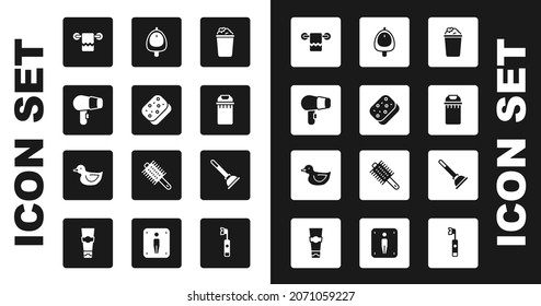 Set Bucket with soap suds, Sponge, Hair dryer, Towel hanger, Trash can, Toilet urinal or pissoir, Rubber plunger and duck icon. Vector