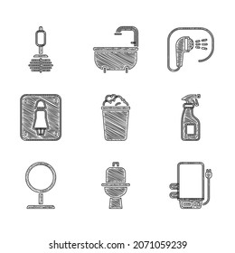 Set Bucket With Soap Suds, Toilet Bowl, Electric Boiler, Cleaning Spray Bottle, Round Makeup Mirror, Female Toilet, Shower And Brush Icon. Vector
