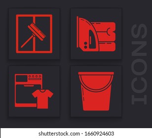 Set Bucket , Squeegee, scraper, wiper, Electric iron and towel  and Washer and t-shirt  icon. Vector