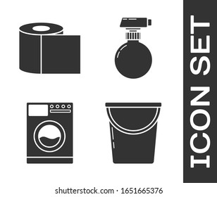 Set Bucket , Toilet paper roll , Washer  and Cleaning spray bottle with detergent liquid  icon. Vector