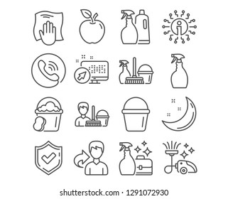 Set of Bucket, Vacuum cleaner and Cleaning service icons. Shampoo and spray, Household service and Spray signs. Washing cloth, Sponge symbols. Washing equipment, Vacuum-clean, Bucket with mop. Vector