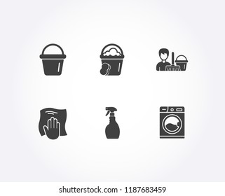 Set of Bucket, Washing cloth and Spray icons. Cleaning service, Sponge and Washing machine signs. Wipe with a rag, Bucket with mop, Laundry service.  Quality design elements. Classic style. Vector