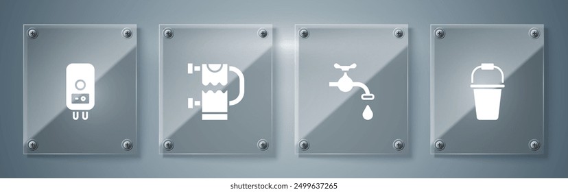 Set Bucket, Water tap, Heated towel rail and Electric boiler. Square glass panels. Vector