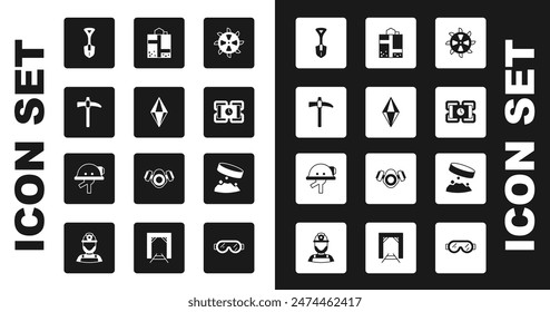 Set Bucket wheel excavator, Gem stone, Pickaxe, Shovel, Dynamite, Mine entrance, Giant magnet holding iron dust and Miner helmet icon. Vector