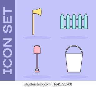 Set Bucket, Wooden axe, Shovel and Garden fence wooden icon. Vector