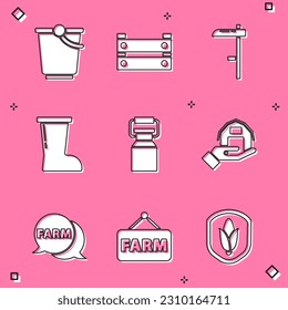 Set Bucket, Wooden box, Scythe, Waterproof rubber boot, Can container for milk, Farm house hand, Speech bubble with and Signboard text icon. Vector