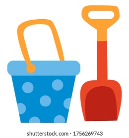 set of buckets and dustpan for playing in the sandbox for children, toy, flat, isolated object on a white background, vector illustration, eps