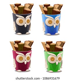 Set of buckets for firewood in the form of owls for home isolated on white background. Vector cartoon close-up illustration.