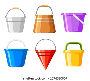 Set of buckets. A variety of bucket. Colored containers for water or sand. Cartoon style design. Vector illustration isolated on white background. Web site page and mobile app design.