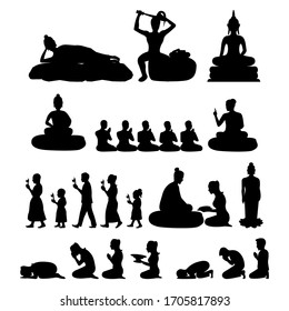 set of Buddha monk and Buddhism activities with black silhouette,vector illustration