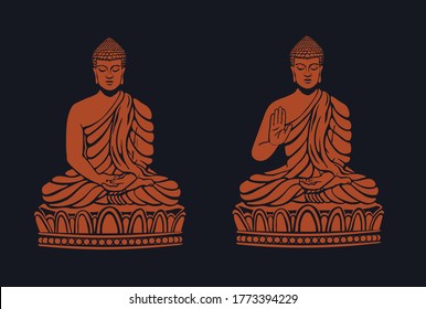 Set of Buddha with open hand and closed hands meditating sitting in Siddhasana.  Hand drawn vector line illustration on dark background