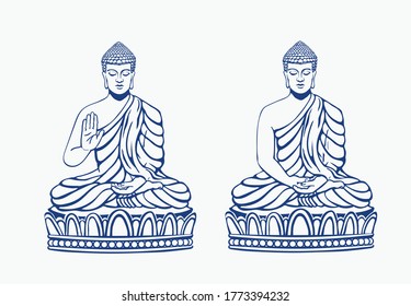 Set of Buddha with open hand and closed hands meditating sitting in Siddhasana.  Hand drawn vector line illustration on white