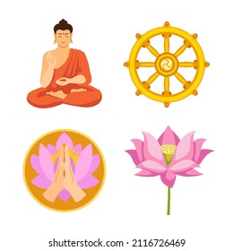Set Buddhism. Buddha figure in lotus pose, Namaste, Sansara wheel, lotus flower. Icon, clipart for website, app about self-development, Buddhism, meditation, travel. Vector flat illustration, cartoon.