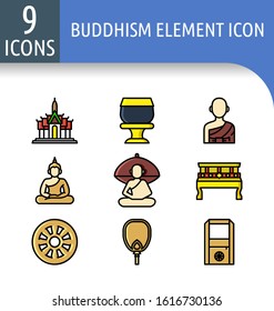 Set of Buddhism element linear icon.Such as temple,almsbowl,monk,Buddha image,