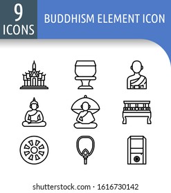 Set of Buddhism element linear icon.Such as temple,almsbowl,monk,Buddha image,