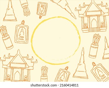 Set of Buddhism temple and items. Copy space for text. Hand drawing flat vector illustration