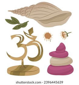 Set of Buddhist attributes. Om symbol, pyramid of stones, shell, plant leaves. Eastern religion and philosophy. Vector illustration isolated on white background.