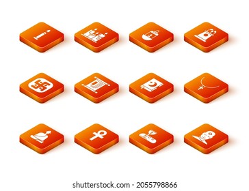 Set Buddhist monk, Cross ankh, Jainism, Decree, paper, parchment, scroll, First communion symbols, Holy book of Koran, Man with third eye and Christian cross chain icon. Vector