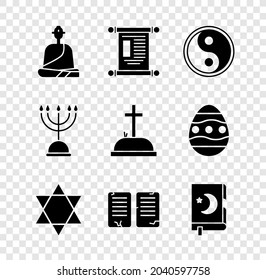 Poner monje budista, decreto, papel, pergamino, pergamino, Yin Yang, Estrella de David, Los mandamientos, Libro Sagrado Corán, Hanukkah menorah y Tombstone con icono cruzado. Vector