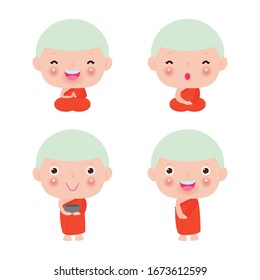 set of Buddhist Monk and novice Character isolated on white background