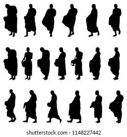 Set of buddhist monk receive food offerings silhouette vector. Religion concept.