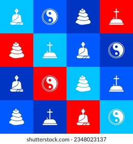 Set Buddhist monk, Yin Yang, Stack hot stones and Tombstone with cross icon. Vector