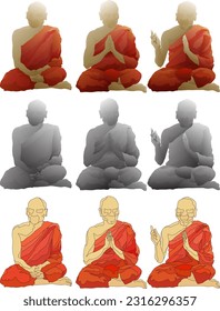 Set of buddhist monks in various meditation pose, isolated against white. 3D vector illustration.