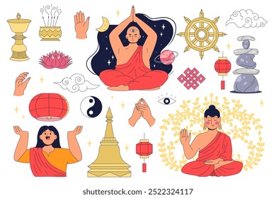 Conjunto de filosofia budista. Roda do Dharma, mãos em gestos de mudra, homem meditando, celebrações de aniversário de Buda, busca pelo nirvana. Conceito de reencarnação, ciclo de vida