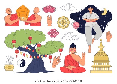 Set of Buddhist philosophy. Dharma wheel, hands in mudra gestures, meditating woman, search for nirvana, celebration of Buddha's birthday. Concept of reincarnation, cycle of life, death and rebirth