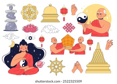 Set of Buddhist philosophy. Dharma wheel, teaching of karma, hands in mudra gestures, celebrations of Buddha's birthday, search for nirvana. Concept of reincarnation, cycle of life, death and rebirth