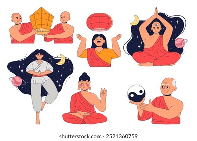 Set of Buddhist philosophy. Buddhist monks old and young women and men meditate, interpret the teachings of karma, celebrate the birth of Buddha