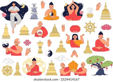 Set of Buddhist philosophy with stupa. Buddhist monks old and young women and men meditate, interpret the teachings of karma, celebrate the birth of Buddha