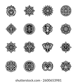 Set of Buddhist Soul Symbols Glyph Style Icons


