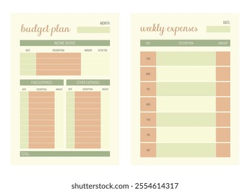 Set of budget planner template. Monthly and weekly. Vector illustration