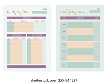 Set of budget planner template. Monthly and weekly. Vector illustration